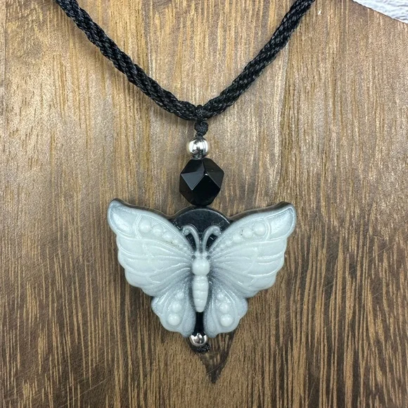 Tai Chi Stone Butterfly Pendant Necklace on Adjustable Black Rope - Picture 5 of 13